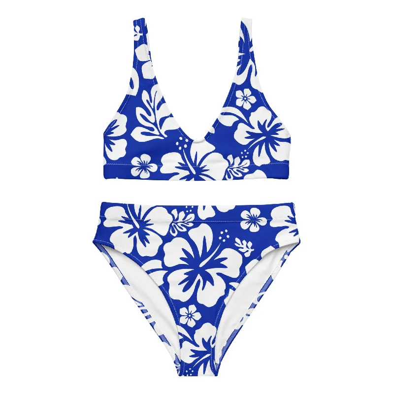 White Hawaiian Flowers on Royal Blue High Waisted Bikini Double strap bikini, Sexy, Stylish, Comfortable White Hawaiian Flowers on Royal Blue High Waisted Bikini Double strap bikini, Sexy, Stylish, Comfortable