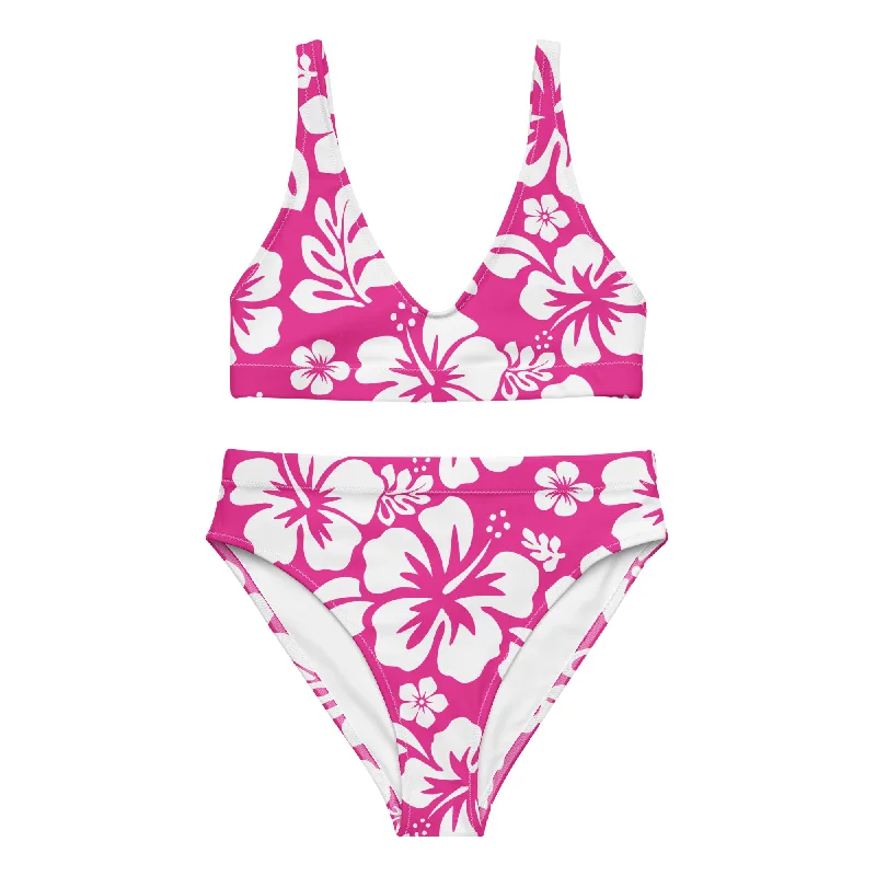 White Hawaiian Flowers on Hot Pink High Waisted Bikini Bikini with straps, Adjustable, Sexy, Trendy White Hawaiian Flowers on Hot Pink High Waisted Bikini Bikini with straps, Adjustable, Sexy, Trendy