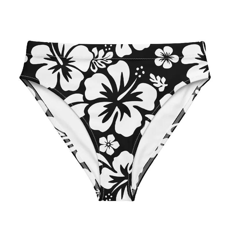 White Hawaiian Hibiscus Flowers on Black High Waisted Bikini Bottom Sequin bikini, Sparkly, Sexy, Fashionable White Hawaiian Hibiscus Flowers on Black High Waisted Bikini Bottom Sequin bikini, Sparkly, Sexy, Fashionable