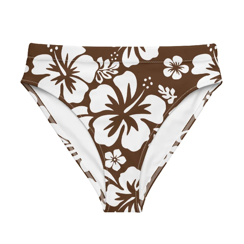 White Hawaiian Hibiscus Flowers on Brown High Waisted Bikini Bottom Satin bikini top, Elegant, Comfortable, Trendy White Hawaiian Hibiscus Flowers on Brown High Waisted Bikini Bottom Satin bikini top, Elegant, Comfortable, Trendy