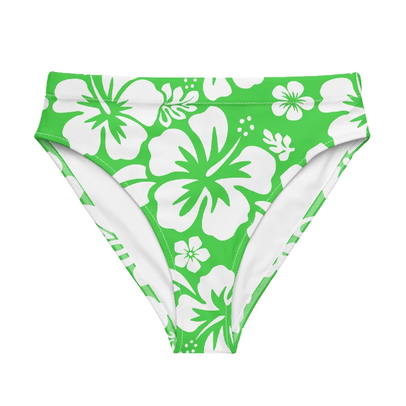 White Hawaiian Hibiscus Flowers on Lime Green High Waisted Bikini Bottom Ribbed top bikini, Textured, Comfortable, Stylish