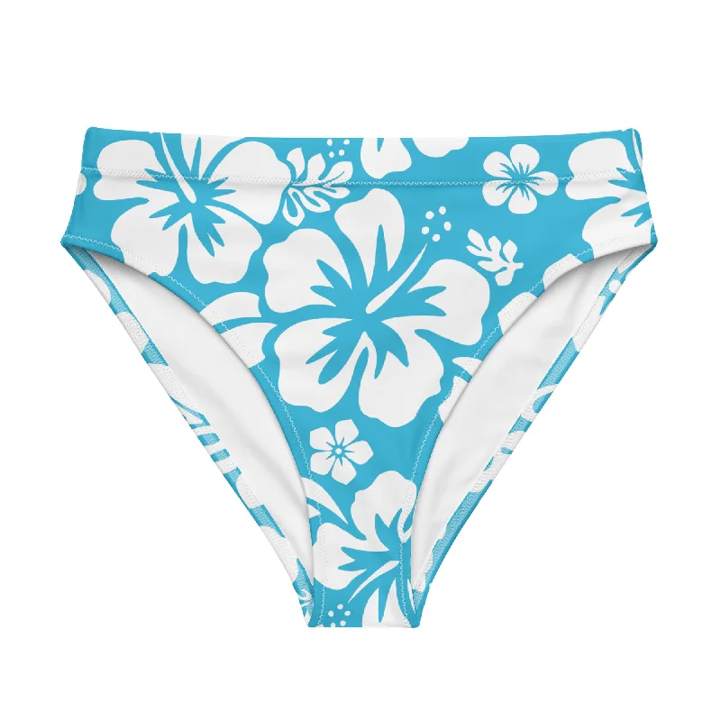 White Hawaiian Hibiscus Flowers On Ocean Aqua Blue High Waisted Bikini Bottom Mesh bikini, Sexy, Trendy, Comfortable White Hawaiian Hibiscus Flowers On Ocean Aqua Blue High Waisted Bikini Bottom Mesh bikini, Sexy, Trendy, Comfortable