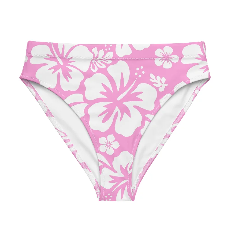 White Hawaiian Hibiscus Flowers on Pink High Waisted Bikini Bottom Ribbed bikini bottom, Comfortable, Chic, Trendy White Hawaiian Hibiscus Flowers on Pink High Waisted Bikini Bottom Ribbed bikini bottom, Comfortable, Chic, Trendy