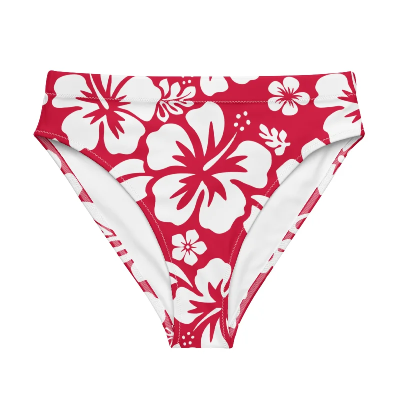 White Hawaiian Hibiscus Flowers on Red High Waisted Bikini Bottom Polka dot bikini set, Fun design, Trendy, Stylish White Hawaiian Hibiscus Flowers on Red High Waisted Bikini Bottom Polka dot bikini set, Fun design, Trendy, Stylish