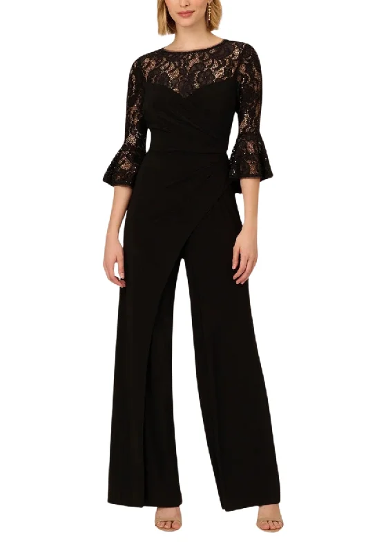 Adrianna Papell Jersey Lace Crew Neck Elbow Sleeve Ruffle Cuff Straight Leg Jumpsuit Blue jumpsuit, Classic, Comfortable, Fashionable Adrianna Papell Jersey Lace Crew Neck Elbow Sleeve Ruffle Cuff Straight Leg Jumpsuit Blue jumpsuit, Classic, Comfortable, Fashionable