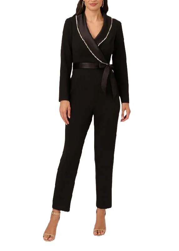 Adrianna Papell surplice neck long sleeve embellished collar tie waist zipper closure knit crepe jumpsuit Slim fit jumpsuit, Tailored design, Chic, Stylish Adrianna Papell surplice neck long sleeve embellished collar tie waist zipper closure knit crepe jumpsuit Slim fit jumpsuit, Tailored design, Chic, Stylish