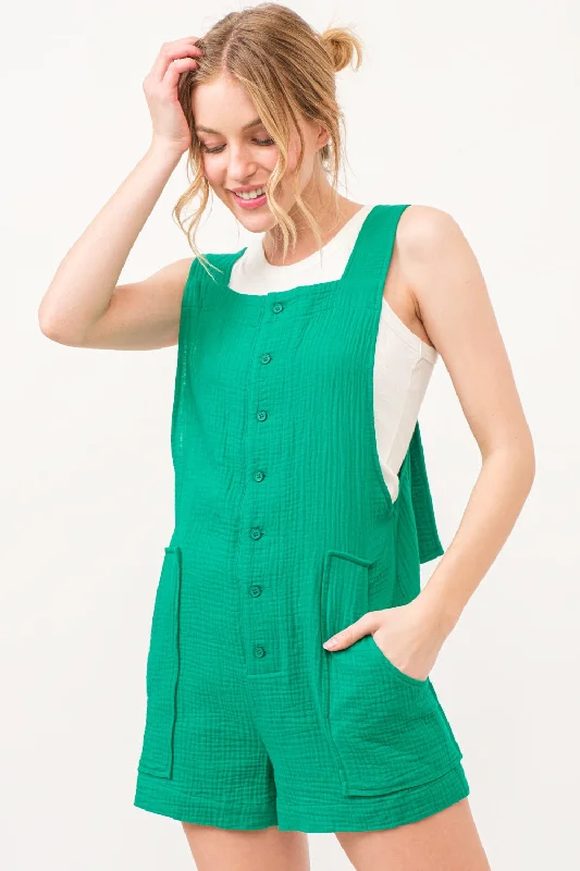 Button Up Tie Back Sleeveless Romper Button-up jumpsuit, Relaxed, Casual, Street style Button Up Tie Back Sleeveless Romper Button-up jumpsuit, Relaxed, Casual, Street style