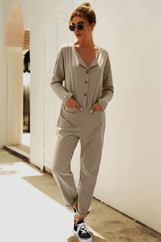 Buttoned Drop Shoulder Pocket Jumpsuit Satin halter jumpsuit, Elegant, Luxurious, Fashionable Buttoned Drop Shoulder Pocket Jumpsuit Satin halter jumpsuit, Elegant, Luxurious, Fashionable