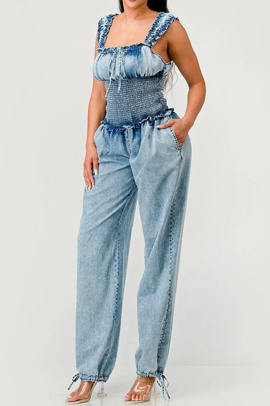 Chambray Charm Ruffled Jumpsuit Button-front jumpsuit, Classic, Casual, Comfortable