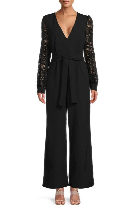 Donna Ricco Belted Wide Leg Deep V-Neck Banded Button Cuffs Lace Sleeve Jumpsuit Deep V jumpsuit, Sexy, Night out, Trendy Donna Ricco Belted Wide Leg Deep V-Neck Banded Button Cuffs Lace Sleeve Jumpsuit Deep V jumpsuit, Sexy, Night out, Trendy