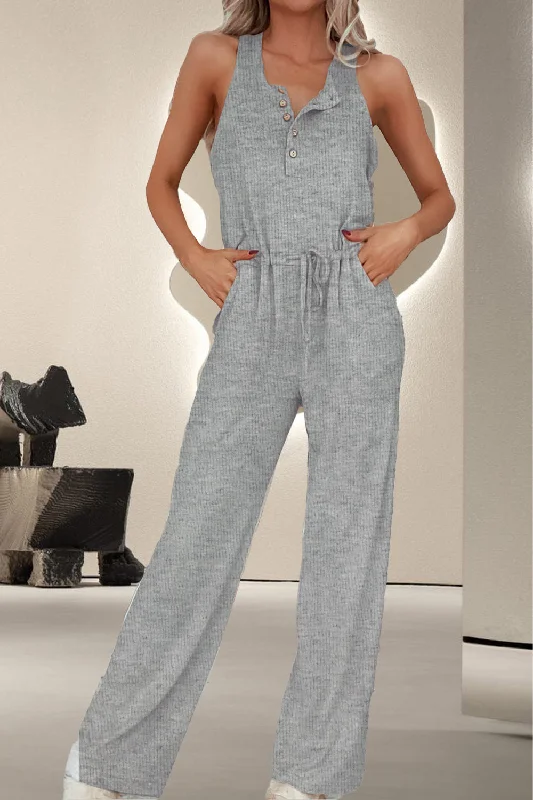 Drawstring Quarter Button Wide Strap Jumpsuit High-neck jumpsuit, Modest, Elegant, Trendy Drawstring Quarter Button Wide Strap Jumpsuit High-neck jumpsuit, Modest, Elegant, Trendy