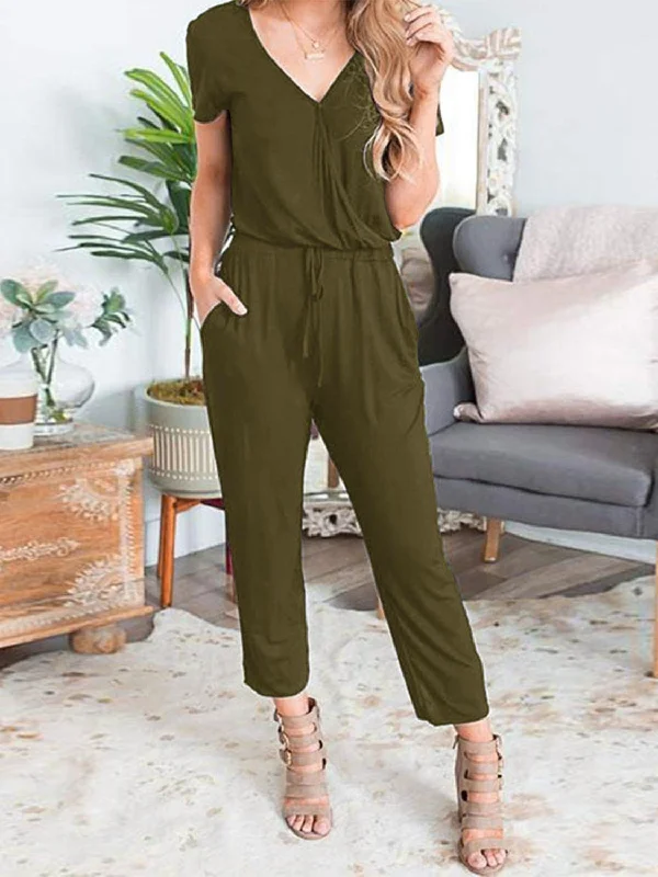 Drawstring Surplice Short Sleeve Jumpsuit Cozy jumpsuit, Casual, Comfortable, Street style Drawstring Surplice Short Sleeve Jumpsuit Cozy jumpsuit, Casual, Comfortable, Street style