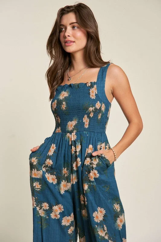 Floral Printed Ruffle Detail Jumpsuit Classic denim jumpsuit, Street style, Comfortable, Trendy Floral Printed Ruffle Detail Jumpsuit Classic denim jumpsuit, Street style, Comfortable, Trendy