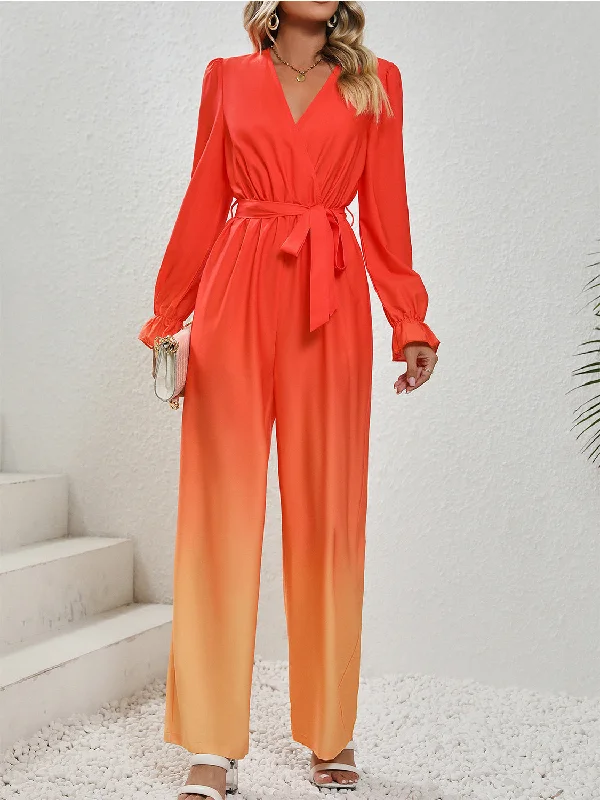 Gradient Tie Front Flounce Sleeve Jumpsuit Vintage jumpsuit, Retro style, Trendy, Fashionable Gradient Tie Front Flounce Sleeve Jumpsuit Vintage jumpsuit, Retro style, Trendy, Fashionable