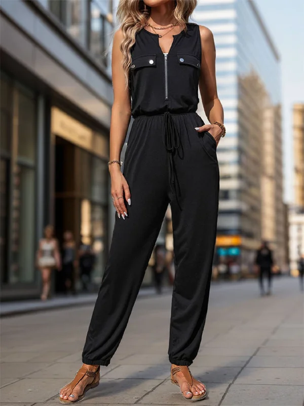 Half Zip Sleeveless Jumpsuit with Pockets Button-up jumpsuit, Vintage style, Casual, Relaxed Half Zip Sleeveless Jumpsuit with Pockets Button-up jumpsuit, Vintage style, Casual, Relaxed