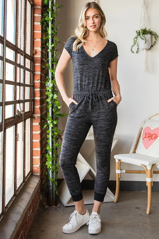 Heathered Drawstring Waist V-Neck Jumpsuit Velvet jumpsuit, Glamorous, Elegant, Party wear Heathered Drawstring Waist V-Neck Jumpsuit Velvet jumpsuit, Glamorous, Elegant, Party wear