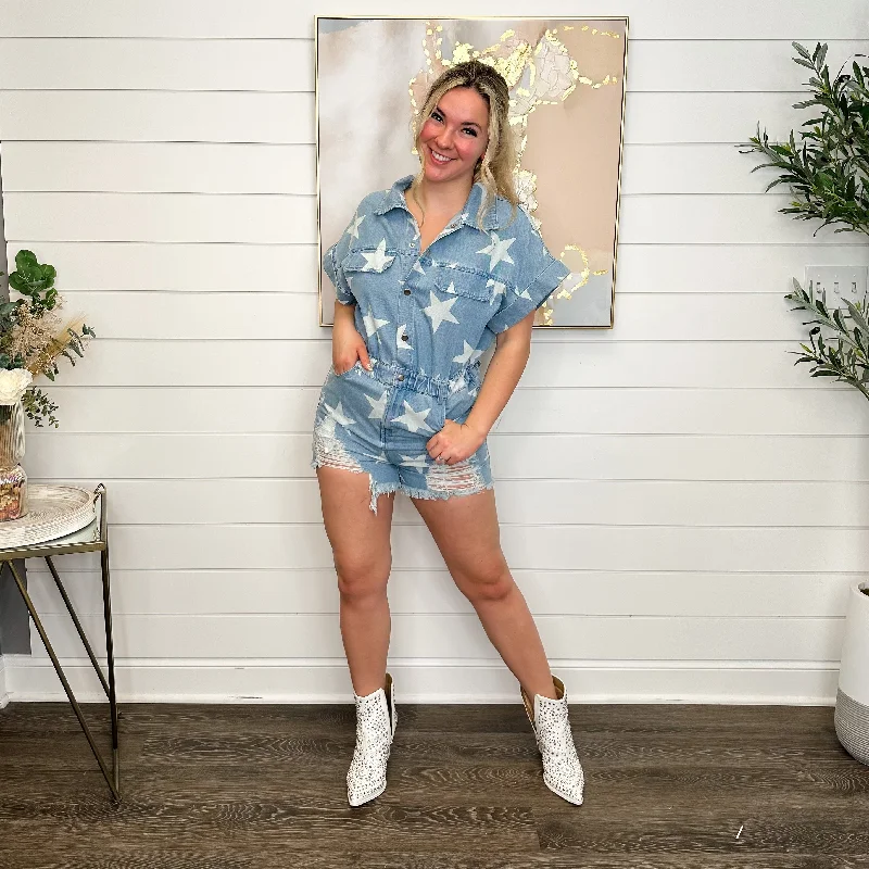 I Pledge to You Cotton Short Sleeve Denim Avery Mae Romper Jumpsuit for work, Professional wear, Business casual, Stylish I Pledge to You Cotton Short Sleeve Denim Avery Mae Romper Jumpsuit for work, Professional wear, Business casual, Stylish