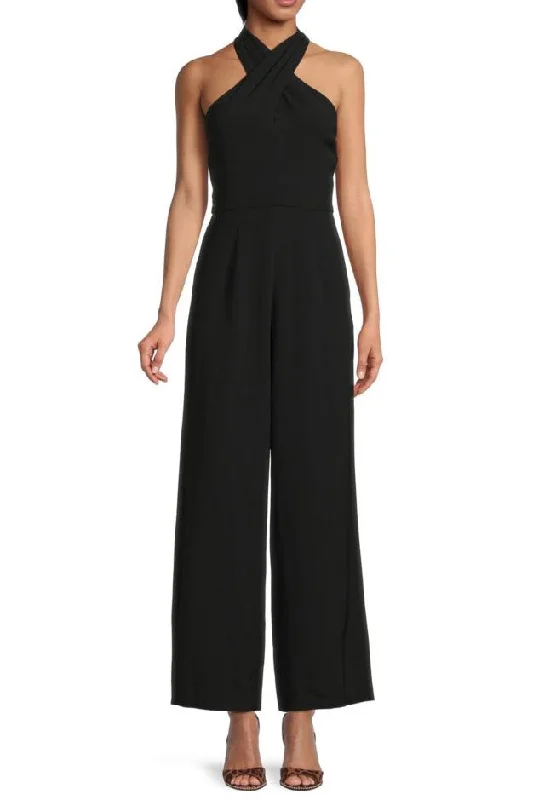 Julia Jordan Stretch Criss Cross Halter Neckline Sleeveless Crepe Jumpsuit With Pockets Utility jumpsuit, Casual, Functional, Trendy Julia Jordan Stretch Criss Cross Halter Neckline Sleeveless Crepe Jumpsuit With Pockets Utility jumpsuit, Casual, Functional, Trendy