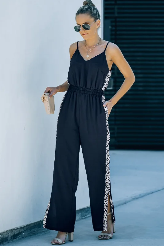 Leopard Contrast Spaghetti Strap Wide Leg Jumpsuit Casual romper jumpsuit, Comfortable, Trendy, Playful Leopard Contrast Spaghetti Strap Wide Leg Jumpsuit Casual romper jumpsuit, Comfortable, Trendy, Playful