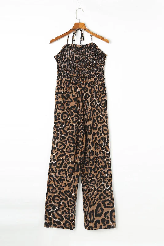 Leopard Smocked Halter Neck Jumpsuit Casual jumpsuit with pockets, Comfortable, Trendy, Street style Leopard Smocked Halter Neck Jumpsuit Casual jumpsuit with pockets, Comfortable, Trendy, Street style