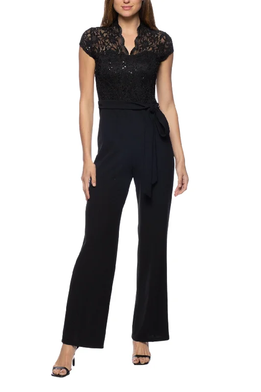 Marina Cap Sleeve V-Neck Tie Waist Lace Bodice Jumpsuit - Elegant Women's Fashion Black jumpsuit, Formal wear, Evening outfit, Classic Marina Cap Sleeve V-Neck Tie Waist Lace Bodice Jumpsuit - Elegant Women's Fashion Black jumpsuit, Formal wear, Evening outfit, Classic