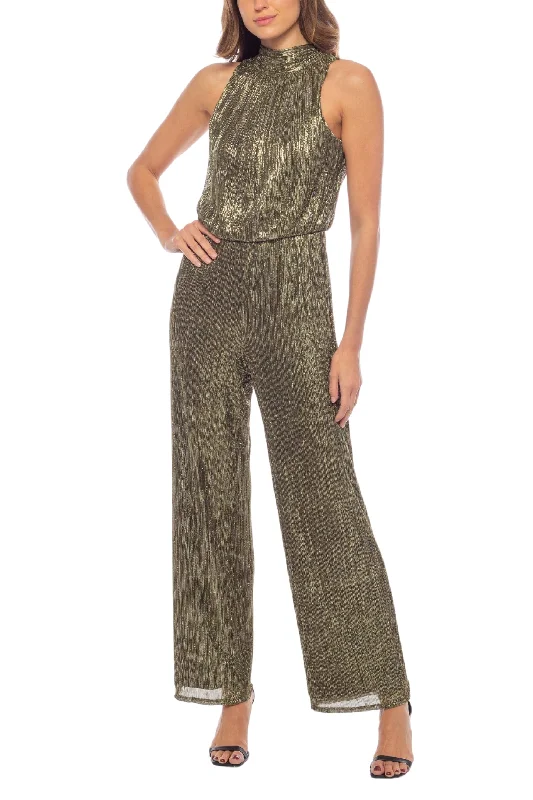 Marina Mock Neck Sleeveless Metallic Pleated Jumpsuit Casual romper jumpsuit, Comfortable, Summer, Street style Marina Mock Neck Sleeveless Metallic Pleated Jumpsuit Casual romper jumpsuit, Comfortable, Summer, Street style