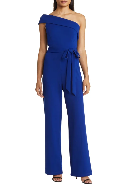 Marina One-Shoulder Stretch Crepe Foldover Neck Belted Waist Tie Jumpsuit Black jumpsuit, Sleek, Formal wear, Fashionable Marina One-Shoulder Stretch Crepe Foldover Neck Belted Waist Tie Jumpsuit Black jumpsuit, Sleek, Formal wear, Fashionable