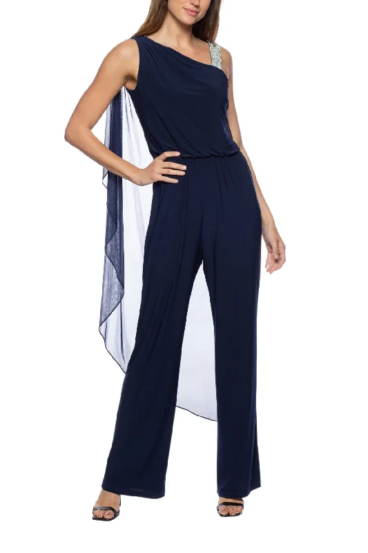 Marina Sleeveless Asymmetric Neck Embellished Chiffon Cape Jumpsuit Vintage style jumpsuit, Retro chic, Casual, Comfortable