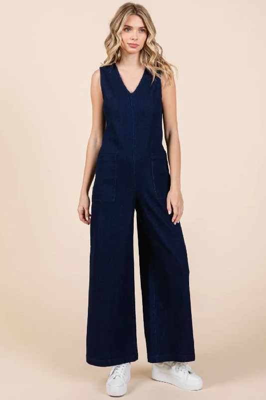 Mittoshop Sleeveless Wide Leg Denim Jumpsuit Elegant jumpsuit, Wide leg, Party wear, Stylish Mittoshop Sleeveless Wide Leg Denim Jumpsuit Elegant jumpsuit, Wide leg, Party wear, Stylish