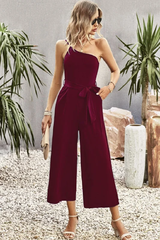 One-Shoulder Tie Belt Wide Leg Jumpsuit Luxe jumpsuit, Fashionable, Elegant, Chic