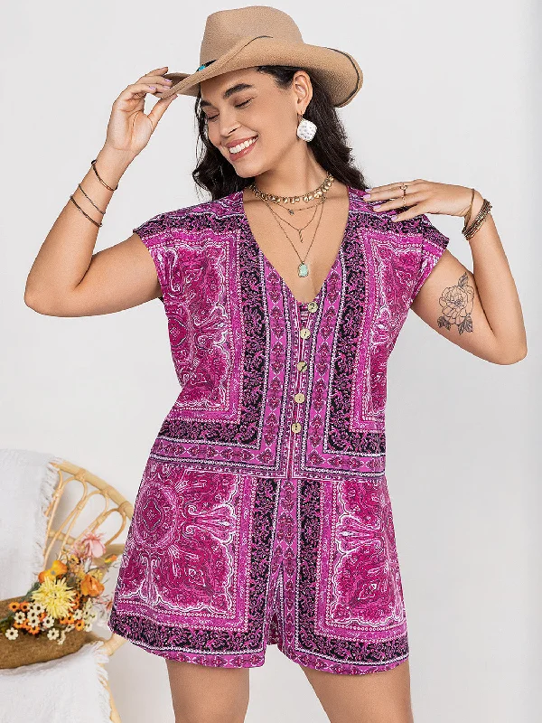 Plus Size Printed V-Neck Cap Sleeve Romper Long sleeve jumpsuit, Cozy, Trendy, Fall collection Plus Size Printed V-Neck Cap Sleeve Romper Long sleeve jumpsuit, Cozy, Trendy, Fall collection
