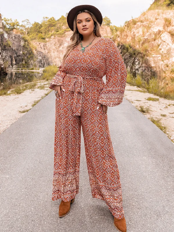 Plus Size Printed V-Neck Tie Front Balloon Sleeve Jumpsuit Deep V jumpsuit, Sexy, Elegant, Fashionable Plus Size Printed V-Neck Tie Front Balloon Sleeve Jumpsuit Deep V jumpsuit, Sexy, Elegant, Fashionable