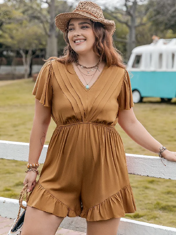 Plus Size Ruffled V-Neck Short Sleeve Romper Backless jumpsuit, Sexy, Night out, Trendy Plus Size Ruffled V-Neck Short Sleeve Romper Backless jumpsuit, Sexy, Night out, Trendy
