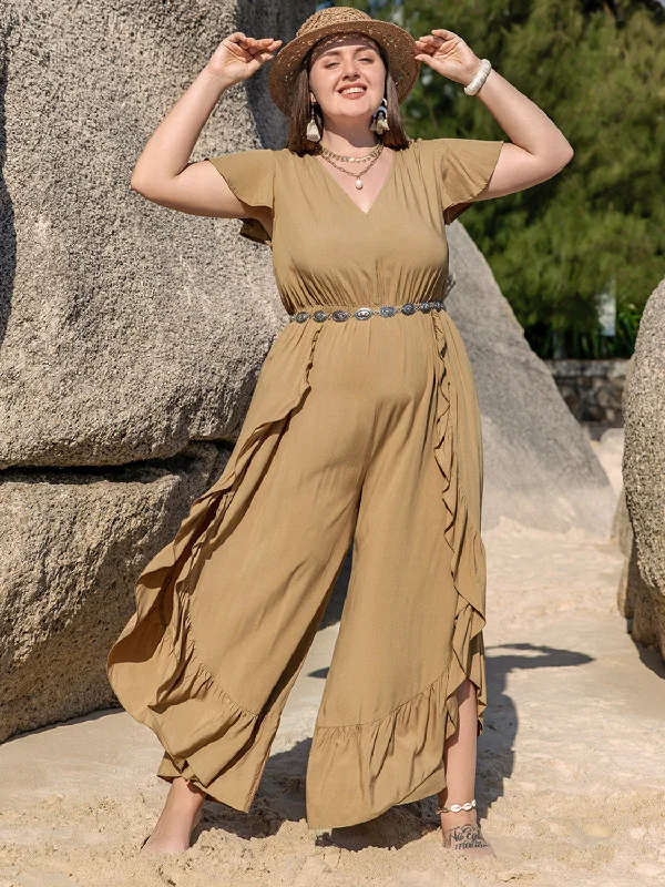 Plus Size Slit Ruffled V-Neck Jumpsuit Utility jumpsuit, Pockets, Functional, Fashionable Plus Size Slit Ruffled V-Neck Jumpsuit Utility jumpsuit, Pockets, Functional, Fashionable