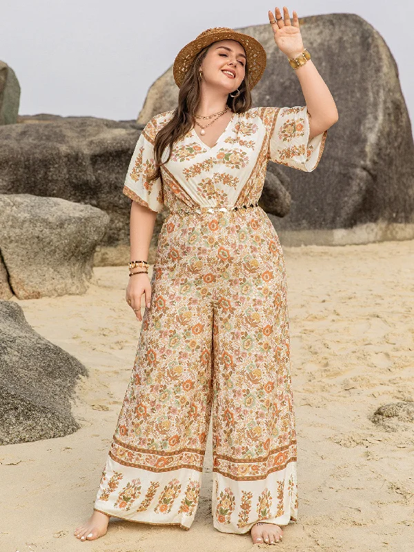 Plus Size V-Neck Flutter Sleeve Wide Leg Jumpsuit Jumpsuit with pockets, Practical, Comfortable, Casual Plus Size V-Neck Flutter Sleeve Wide Leg Jumpsuit Jumpsuit with pockets, Practical, Comfortable, Casual