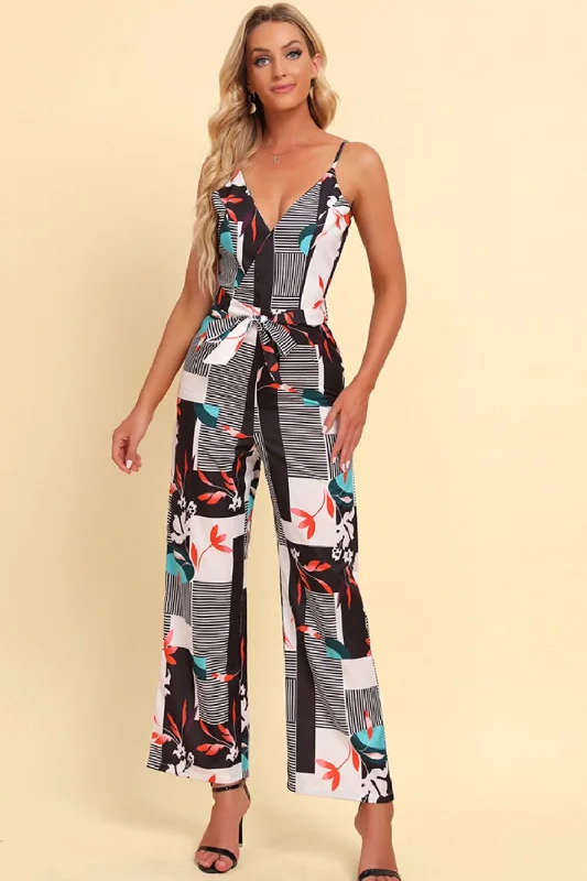Printed Spaghetti Strap Tied Jumpsuit Back tie jumpsuit, Fashionable, Flattering, Casual Printed Spaghetti Strap Tied Jumpsuit Back tie jumpsuit, Fashionable, Flattering, Casual