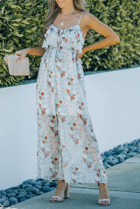 Printed Tied Spaghetti Strap Jumpsuit Long-sleeve jumpsuit, Cozy, Elegant, Trendy