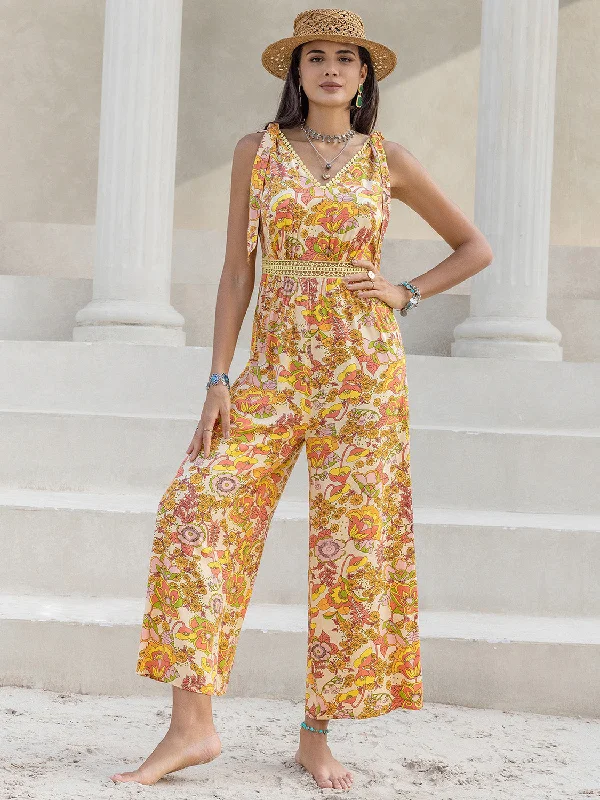 Printed V-Neck Tie Shoulder Jumpsuit Lace-up jumpsuit, Trendy, Sexy, Fashionable