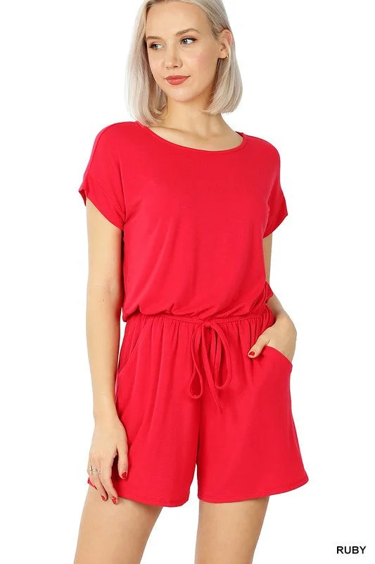 Romper w/ Elastic Waist and Back Keyhole Opening Color block jumpsuit, Bold design, Street style, Fashionable Romper w/ Elastic Waist and Back Keyhole Opening Color block jumpsuit, Bold design, Street style, Fashionable