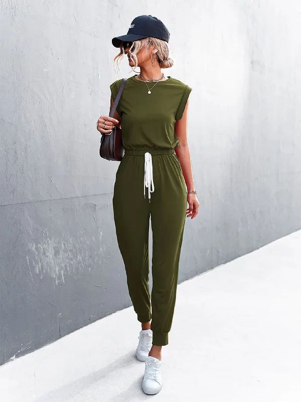 Round Neck Cap Sleeve Jumpsuit Structured jumpsuit, Sleek, Professional, Elegant