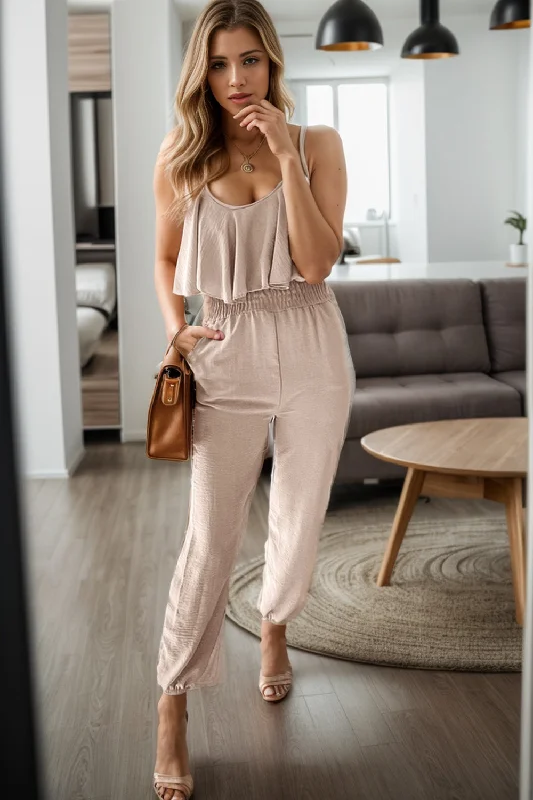 Ruffled Scoop Neck Spaghetti Strap Jumpsuit Wide leg black jumpsuit, Elegant, Formal wear, Chic Ruffled Scoop Neck Spaghetti Strap Jumpsuit Wide leg black jumpsuit, Elegant, Formal wear, Chic