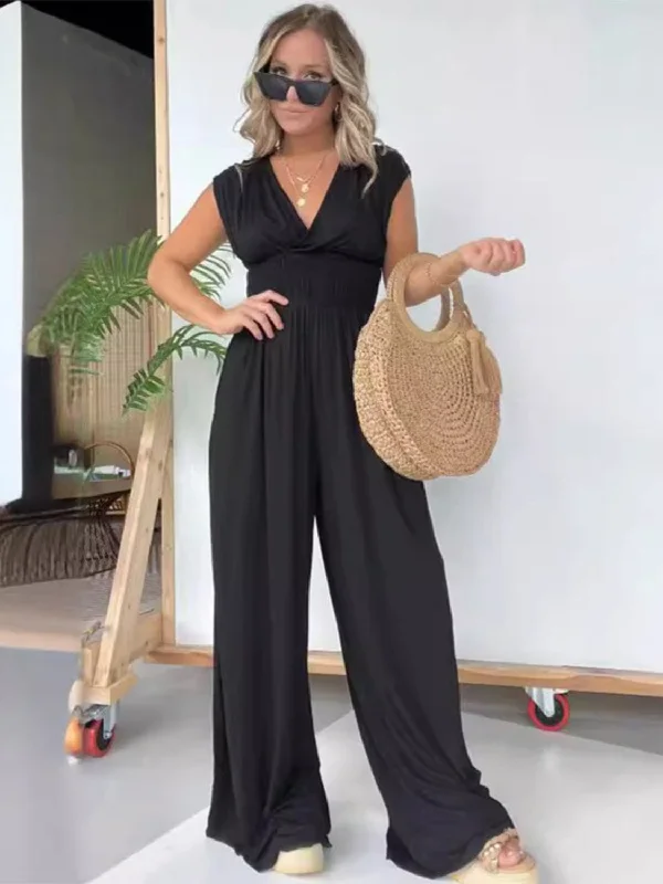 Smocked Cap Sleeve Wide Leg Jumpsuit Denim jumpsuit, Casual, Street style, Comfortable Smocked Cap Sleeve Wide Leg Jumpsuit Denim jumpsuit, Casual, Street style, Comfortable