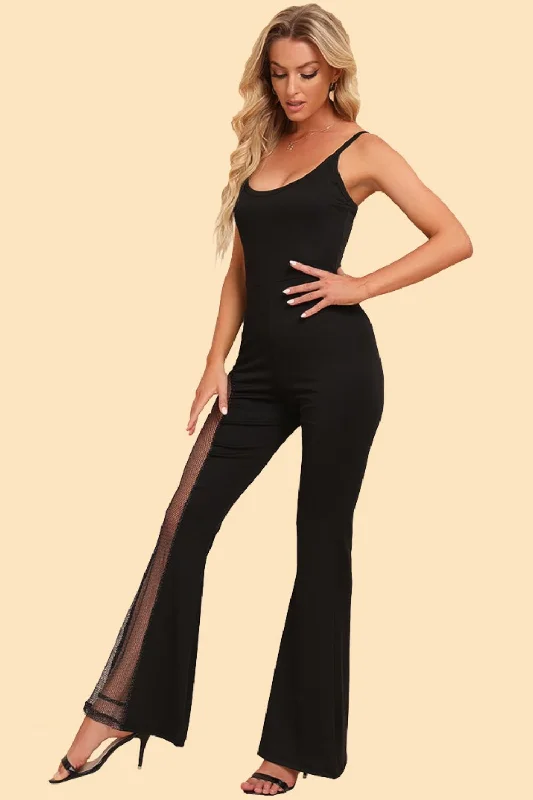 Spliced Mesh Spaghetti Strap Jumpsuit Ruffle jumpsuit, Feminine, Trendy, Elegant