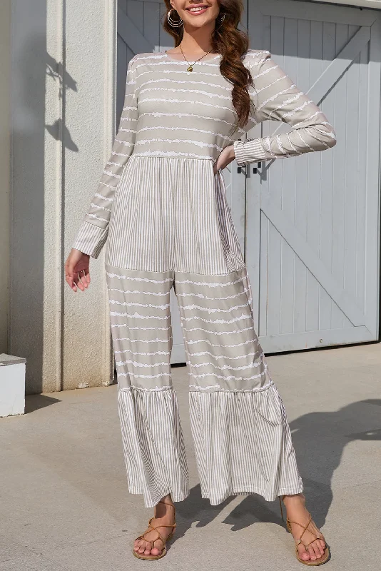 Striped Round Neck Long Sleeve Jumpsuit Printed jumpsuit, Floral pattern, Bohemian style, Vibrant Striped Round Neck Long Sleeve Jumpsuit Printed jumpsuit, Floral pattern, Bohemian style, Vibrant
