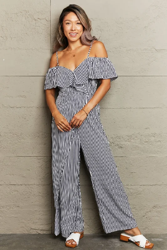 Striped Spaghetti Strap Cold-Shoulder Jumpsuit Solid jumpsuit, Minimalist style, Sleek, Fashionable Striped Spaghetti Strap Cold-Shoulder Jumpsuit Solid jumpsuit, Minimalist style, Sleek, Fashionable