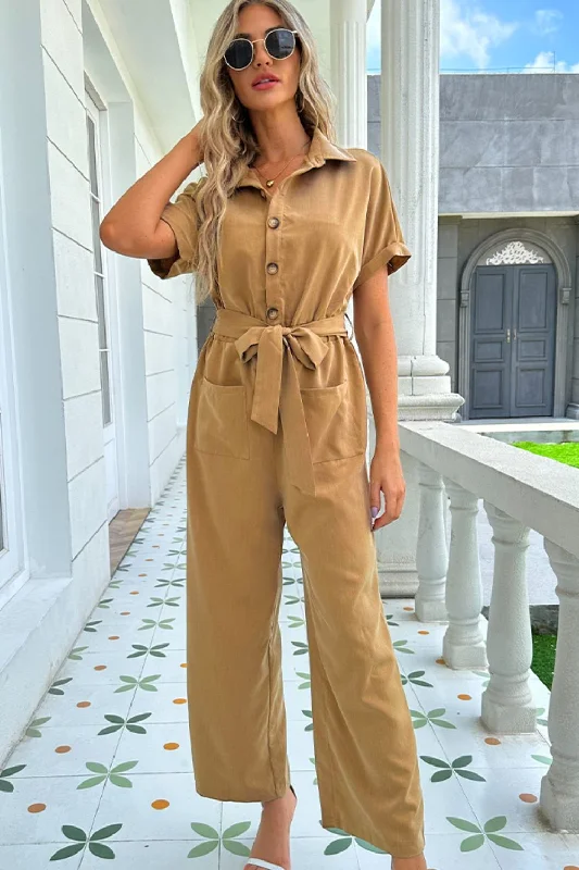 Tie Belt Buttoned Short Sleeve Collared Neck Jumpsuit Sequin jumpsuit, Glamorous, Party wear, Trendy Tie Belt Buttoned Short Sleeve Collared Neck Jumpsuit Sequin jumpsuit, Glamorous, Party wear, Trendy