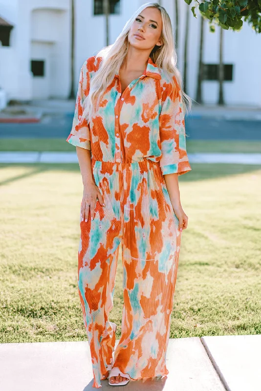 Tie-Dye Collared Wide Leg Jumpsuit Vintage-inspired jumpsuit, Retro style, Trendy, Chic Tie-Dye Collared Wide Leg Jumpsuit Vintage-inspired jumpsuit, Retro style, Trendy, Chic
