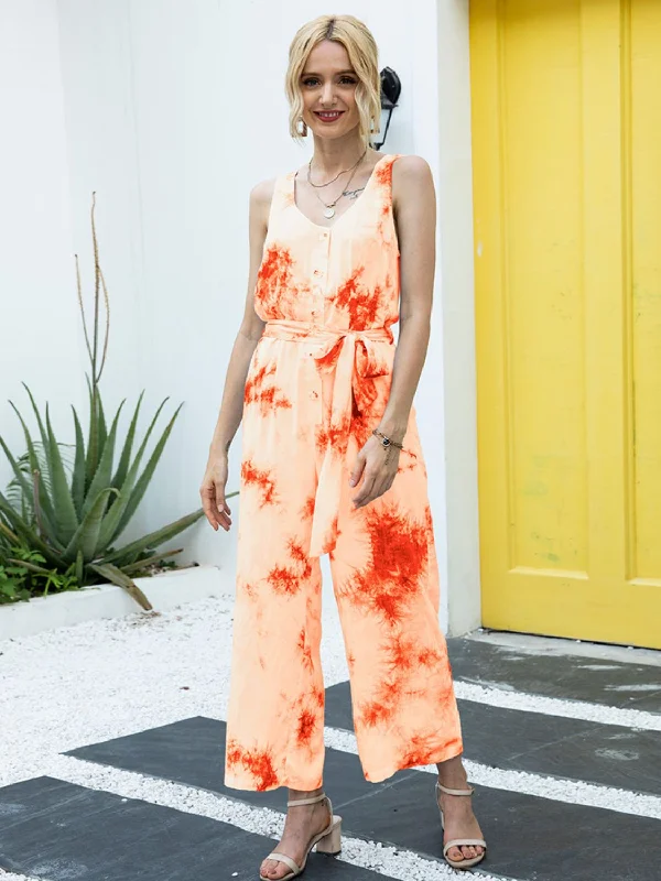 Tie-Dye Tie Waist Sleeveless Jumpsuit Chic jumpsuit, Minimal design, Sleek, Trendy
