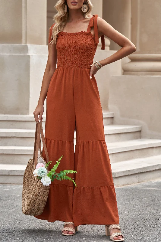 Tie-Shoulder Smocked Tiered Jumpsuit Jumpsuit with zipper, Trendy, Casual, Comfortable Tie-Shoulder Smocked Tiered Jumpsuit Jumpsuit with zipper, Trendy, Casual, Comfortable