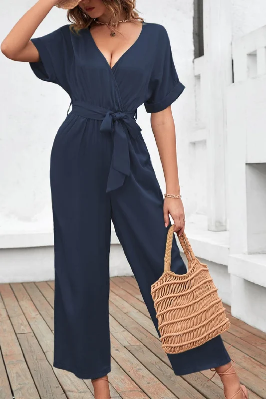 Tie Waist Surplice Wide Leg Jumpsuit Zipper jumpsuit, Trendy, Chic, Comfortable